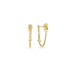 14K 3 Linked Mixed Diamond Chain Huggie Earrings