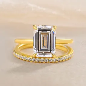 2pcs Gold Tone Emerald Cut Bridal Set Ring In Sterling Silver