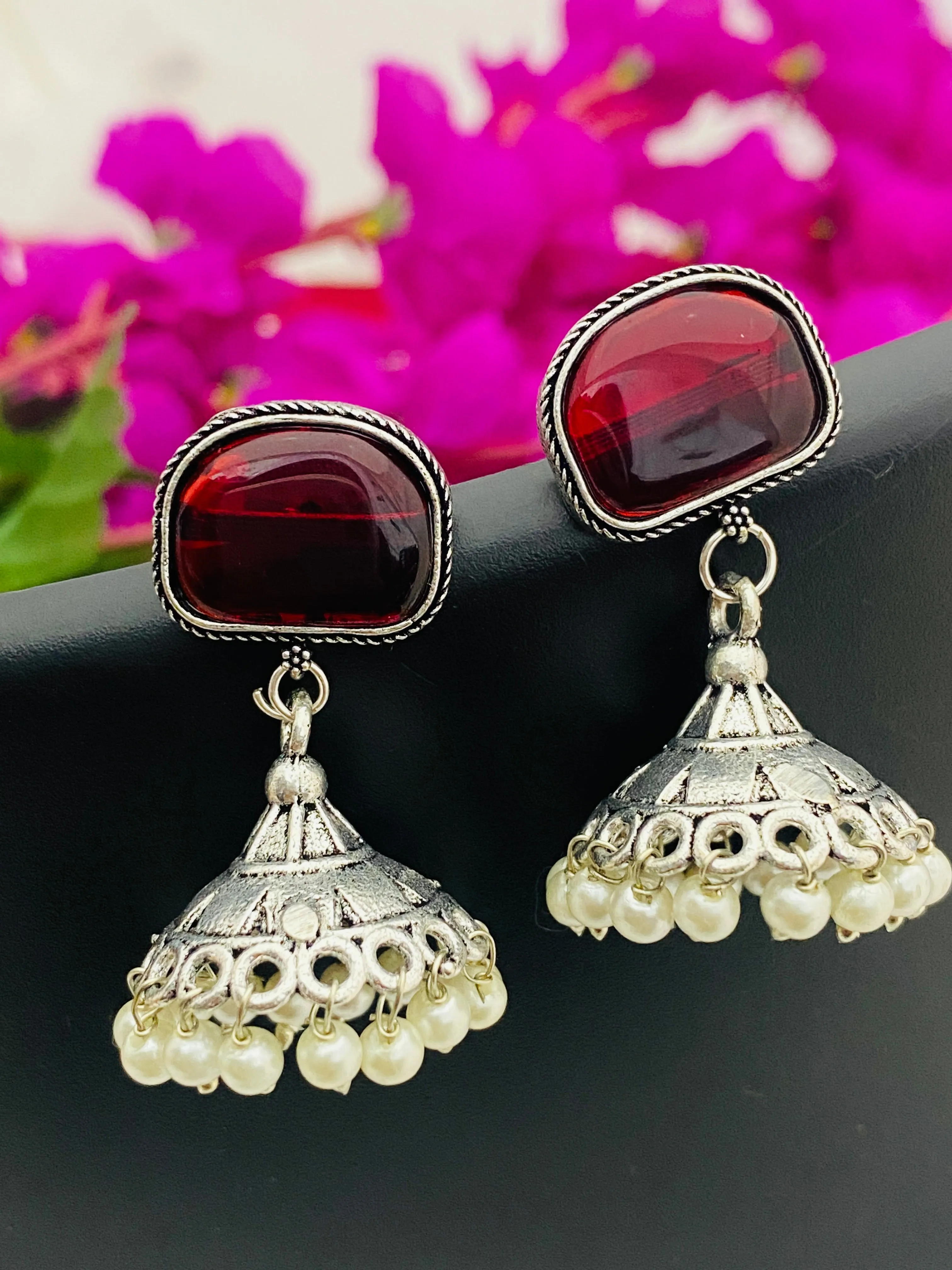 Appealing Oxidized Wine Color Small Jhumkas Earrings For Women