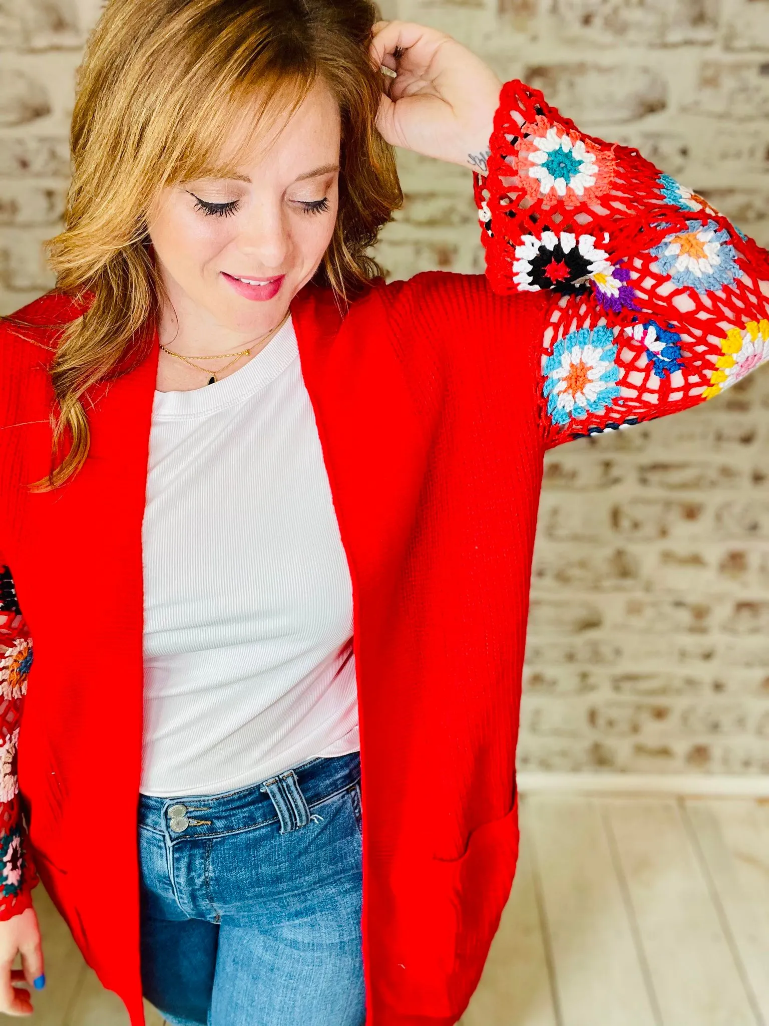 Crochet Slv Cardigan Red