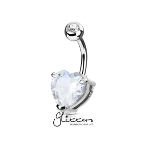 Double Gemmed Solitaire Heart CZ Prong Set Belly Button Ring - Silver