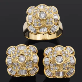 Estate 14K Yellow Gold 3.35 TCW Diamond Earrings & Ring Set