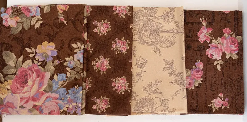 Fabric Bundle of 4 Fat Quarters from Antique Rose Collection, Brown/Parchment, From Lecien, Japan