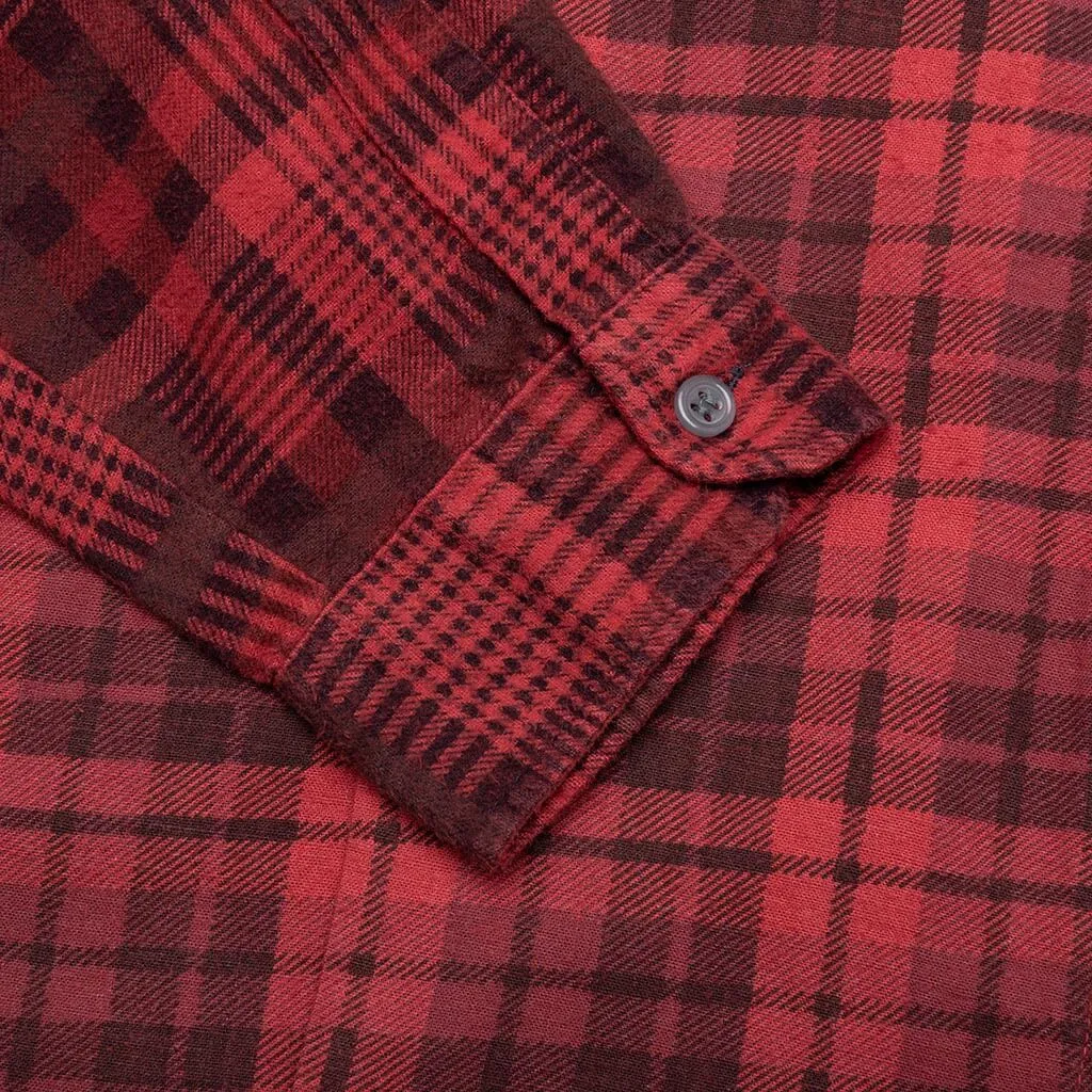 Flannel Shirt 7 Cuts Zipped Wide Shirt Over Dye - Red