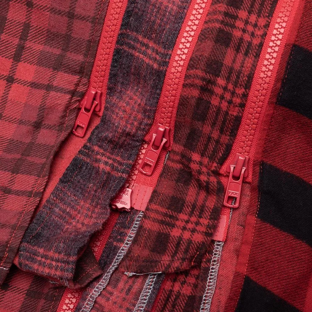 Flannel Shirt 7 Cuts Zipped Wide Shirt Over Dye - Red