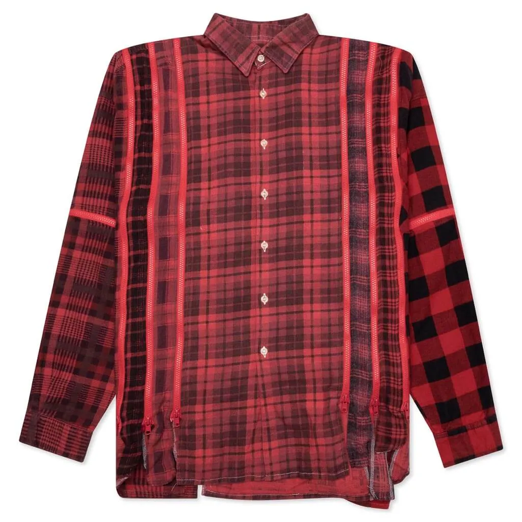 Flannel Shirt 7 Cuts Zipped Wide Shirt Over Dye - Red