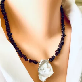 Garnet and Baroque Pearl Necklace, January Birthstone Necklace, Garnet Jewelry, Sterling Silver, 18inches