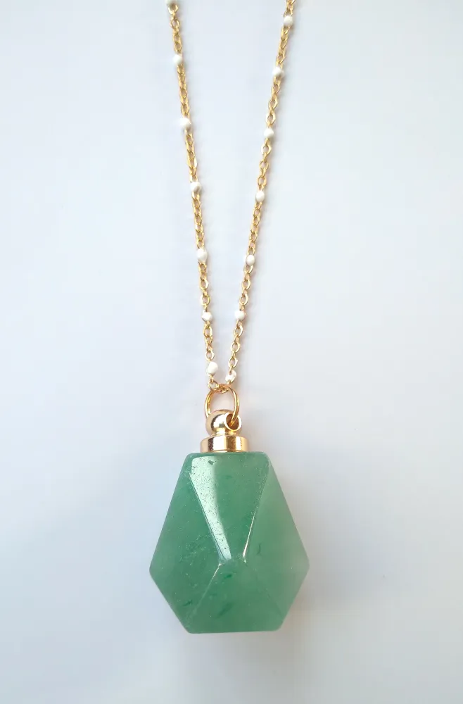 Green Jade Faceted Hexagon Essential Oil Bottle Pendant Gold