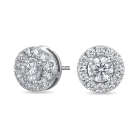 Halo Round Cut Stud Earrings - White Gold