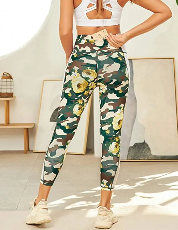 High Waist Mixed Camo 3 Pockets Capri Leggings