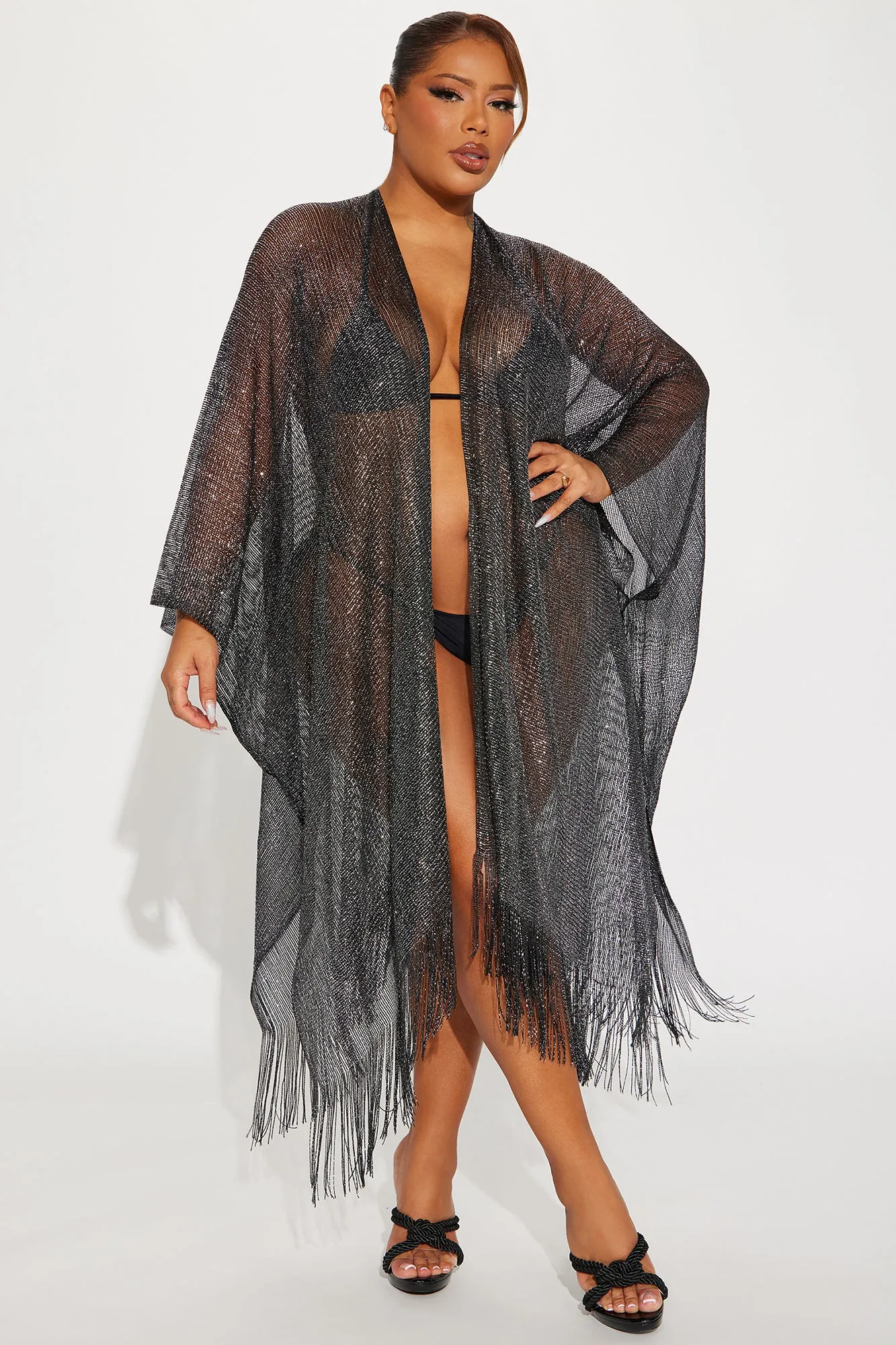 Kerry Fringe Cover Up Kimono - Black