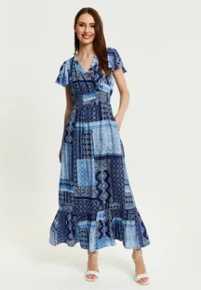 Liquorish Blue Tile Print Maxi Dress With Short Sleeves