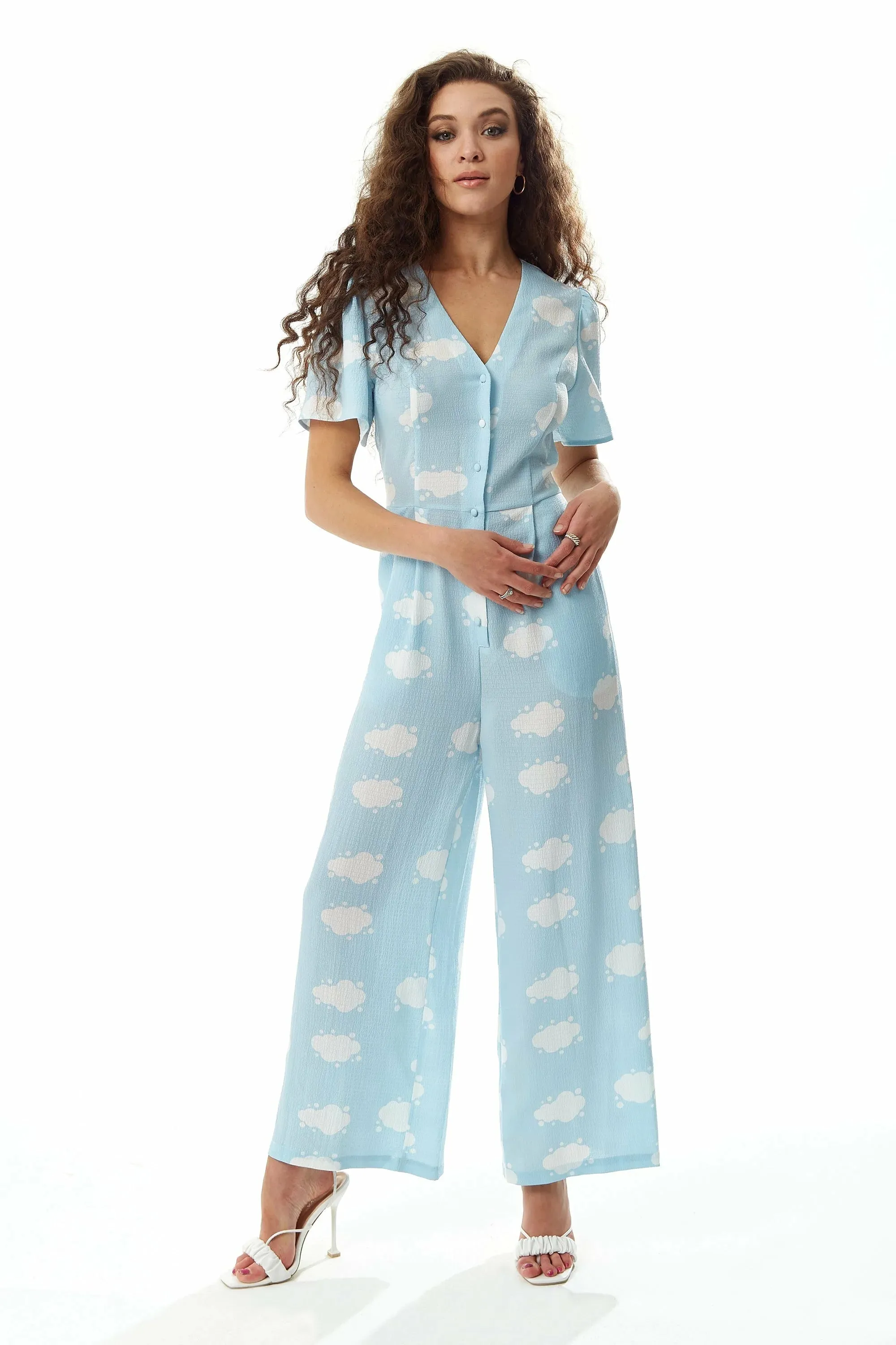 Liquorish Cloud Print Jumpsuit In Blue