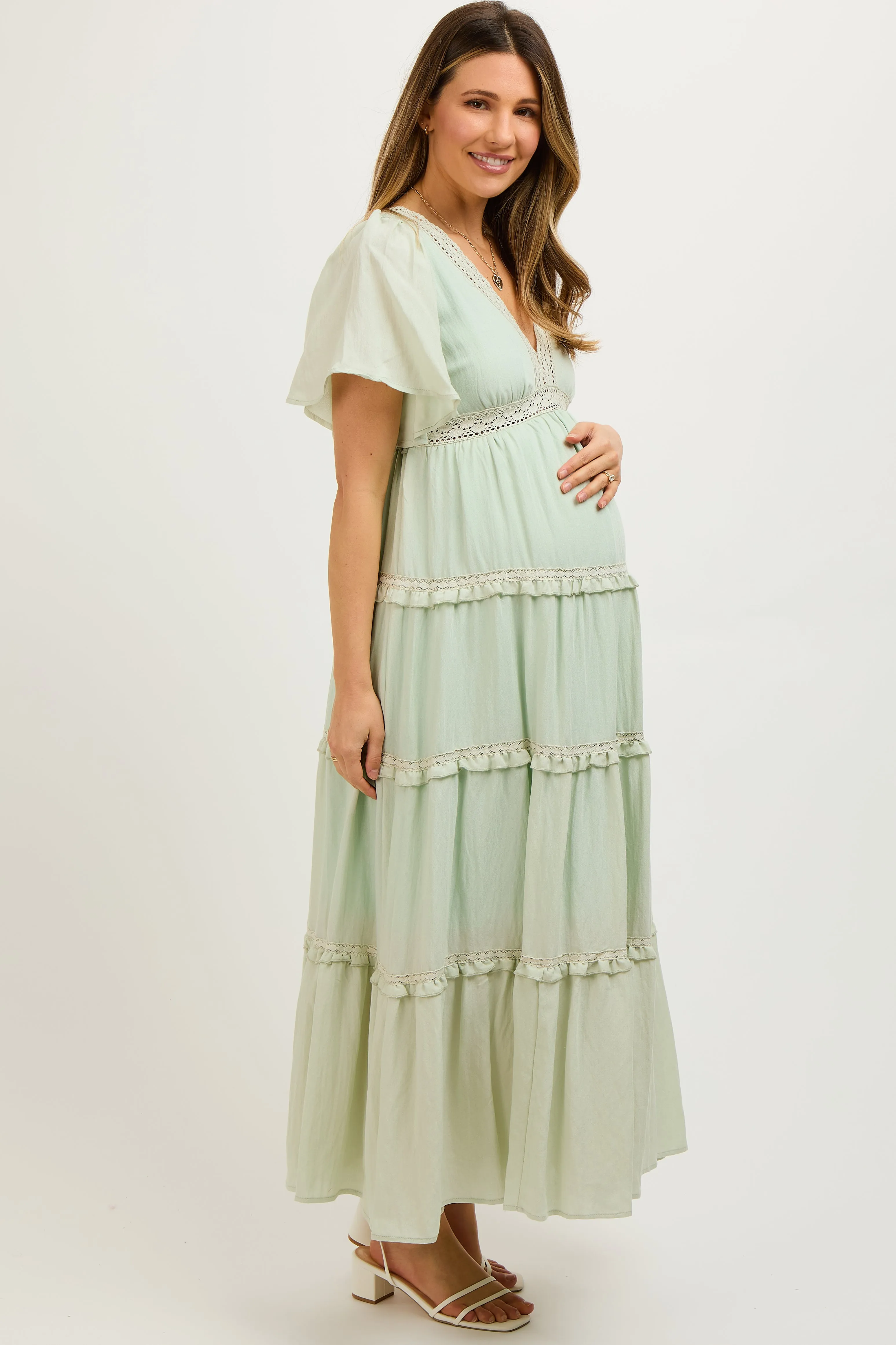 Mint Crochet Lace Tiered Maternity Maxi Dress