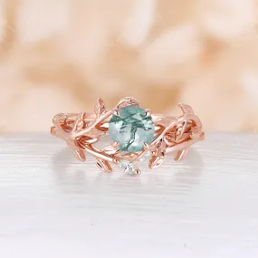 Moss Agate & Diamond Nature Inspired Branch Leaf Bridal Set Rose Gold