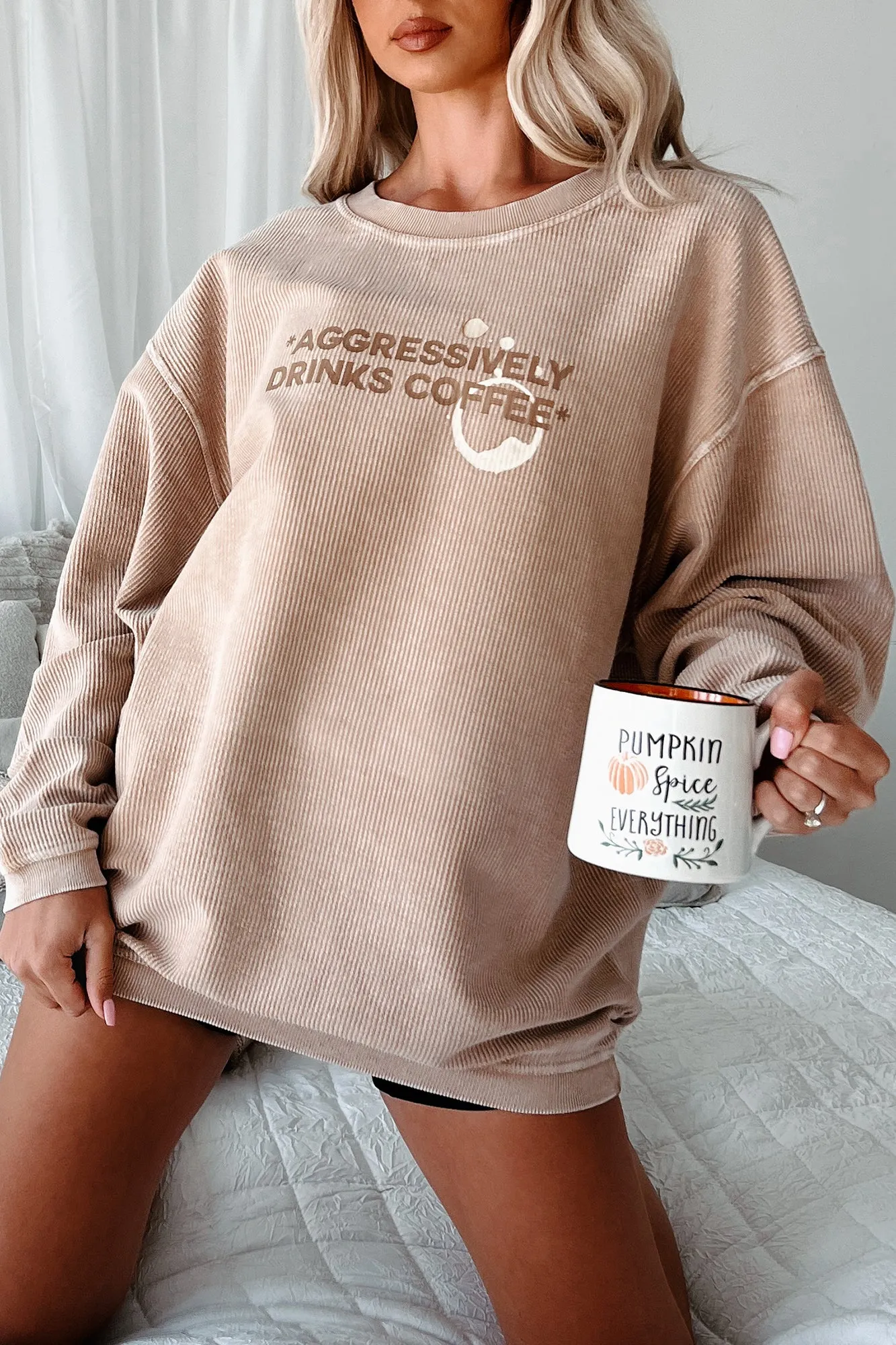 "Aggressively Drinks Coffee" Corded Graphic Crewneck (Latte) - Print On Demand