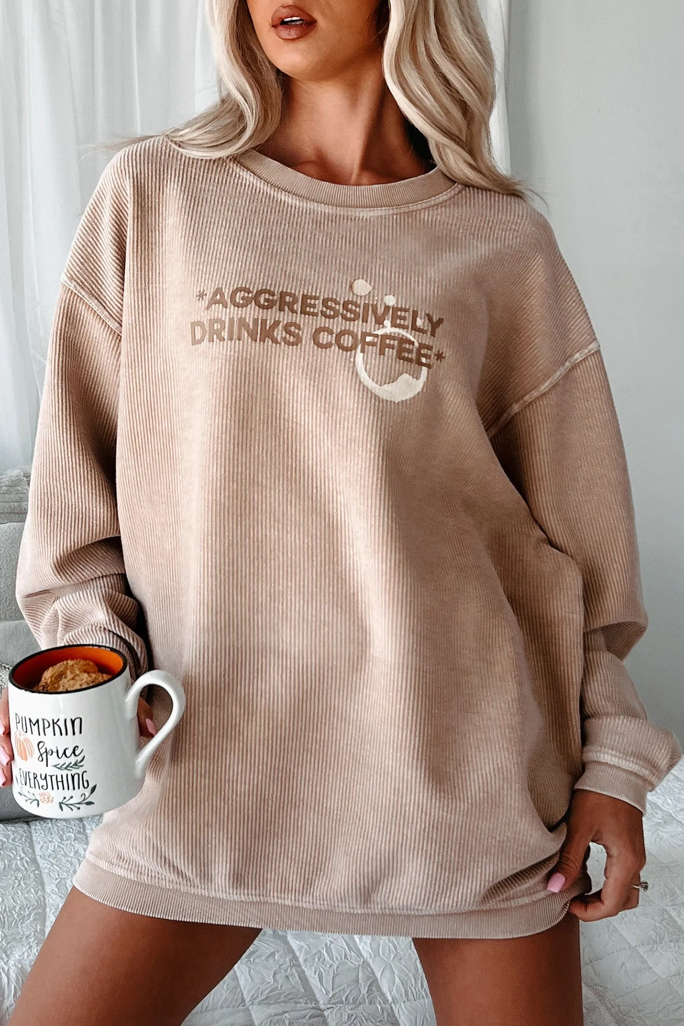 "Aggressively Drinks Coffee" Corded Graphic Crewneck (Latte) - Print On Demand