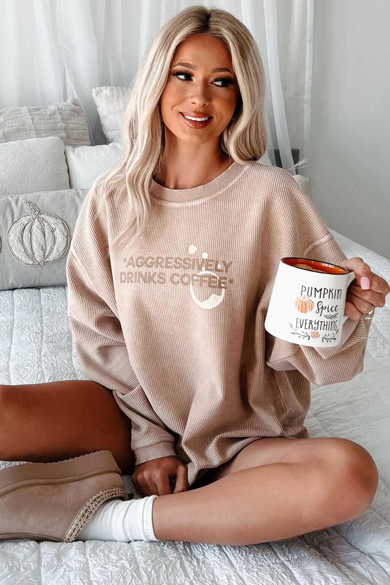 "Aggressively Drinks Coffee" Corded Graphic Crewneck (Latte) - Print On Demand