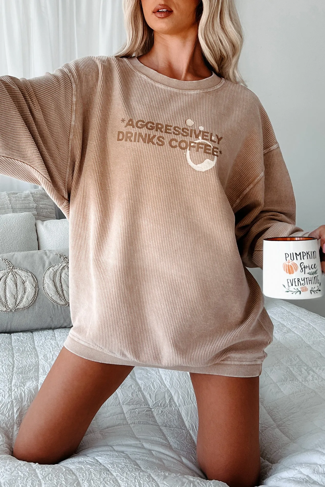 "Aggressively Drinks Coffee" Corded Graphic Crewneck (Latte) - Print On Demand