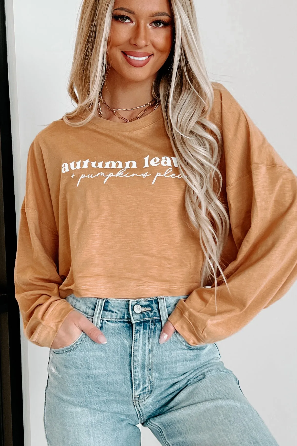 "Autumn Leaves   Pumpkin Please" Long Sleeve Graphic Crop Top (Peanut Butter) - Print On Demand