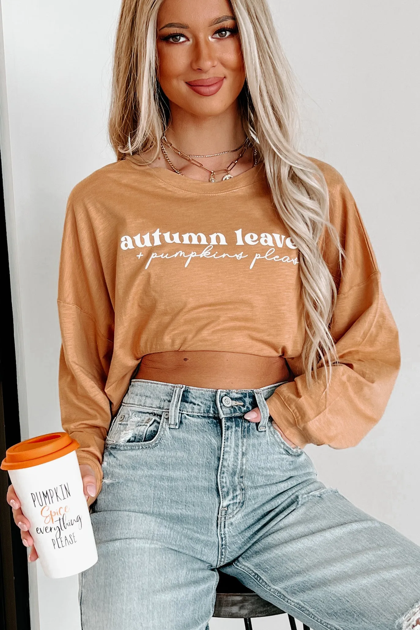 "Autumn Leaves   Pumpkin Please" Long Sleeve Graphic Crop Top (Peanut Butter) - Print On Demand