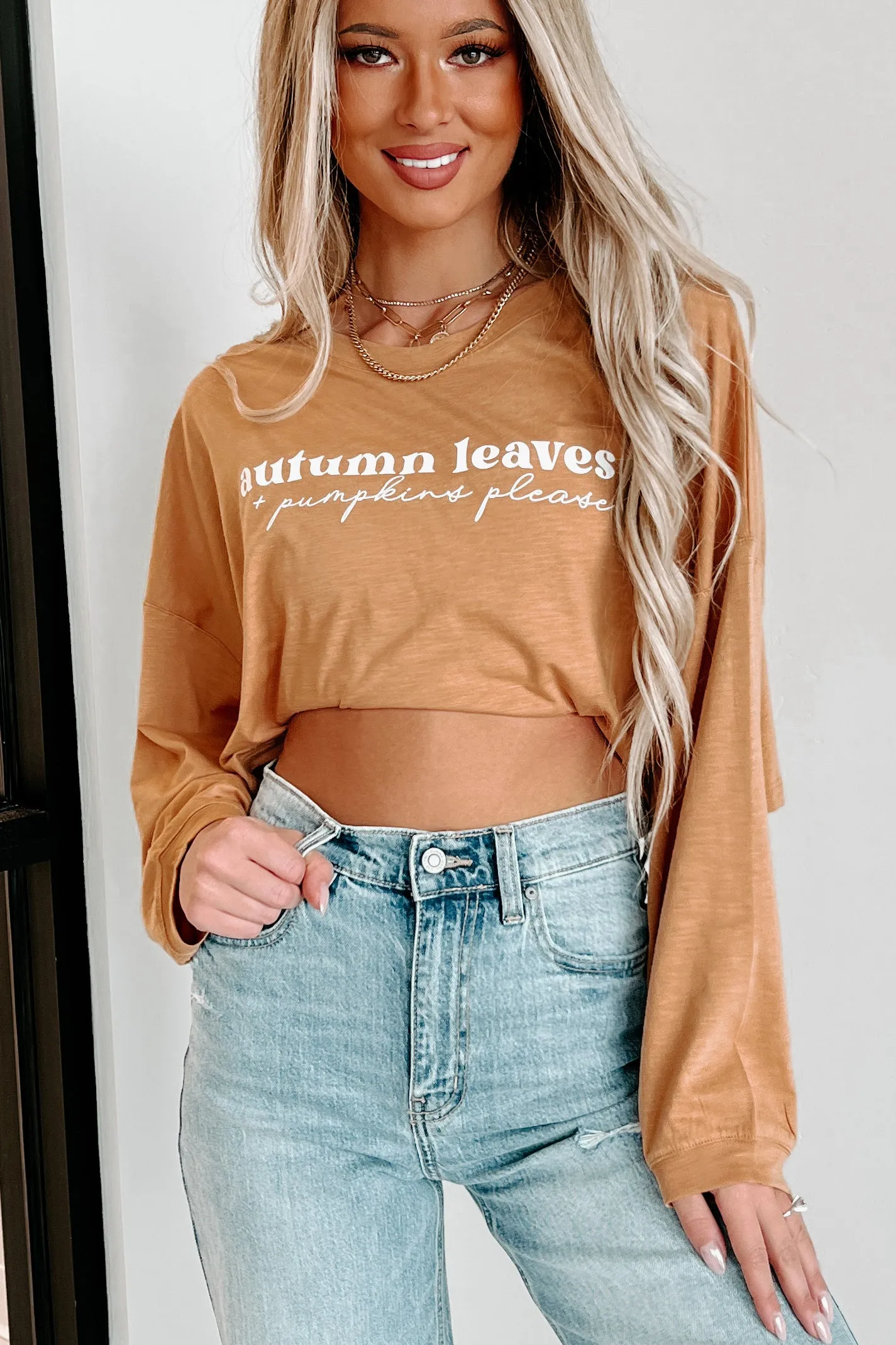 "Autumn Leaves   Pumpkin Please" Long Sleeve Graphic Crop Top (Peanut Butter) - Print On Demand