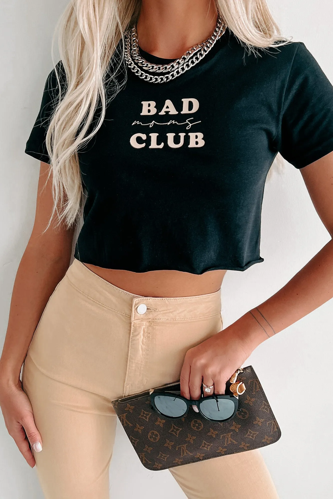 "Bad Moms Club" Raw Hem Graphic Crop Tee (Black/Beige) - Print On Demand