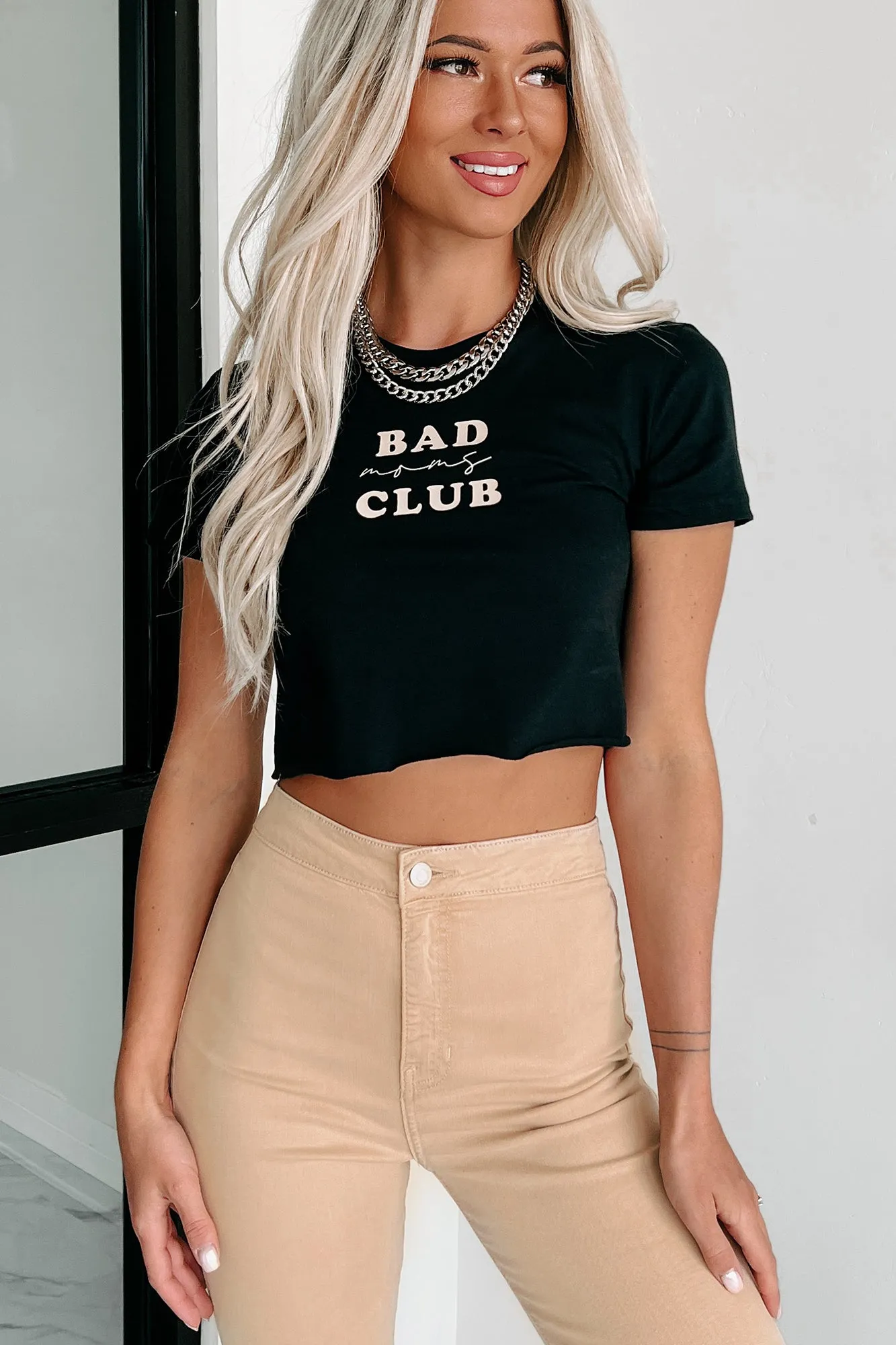 "Bad Moms Club" Raw Hem Graphic Crop Tee (Black/Beige) - Print On Demand