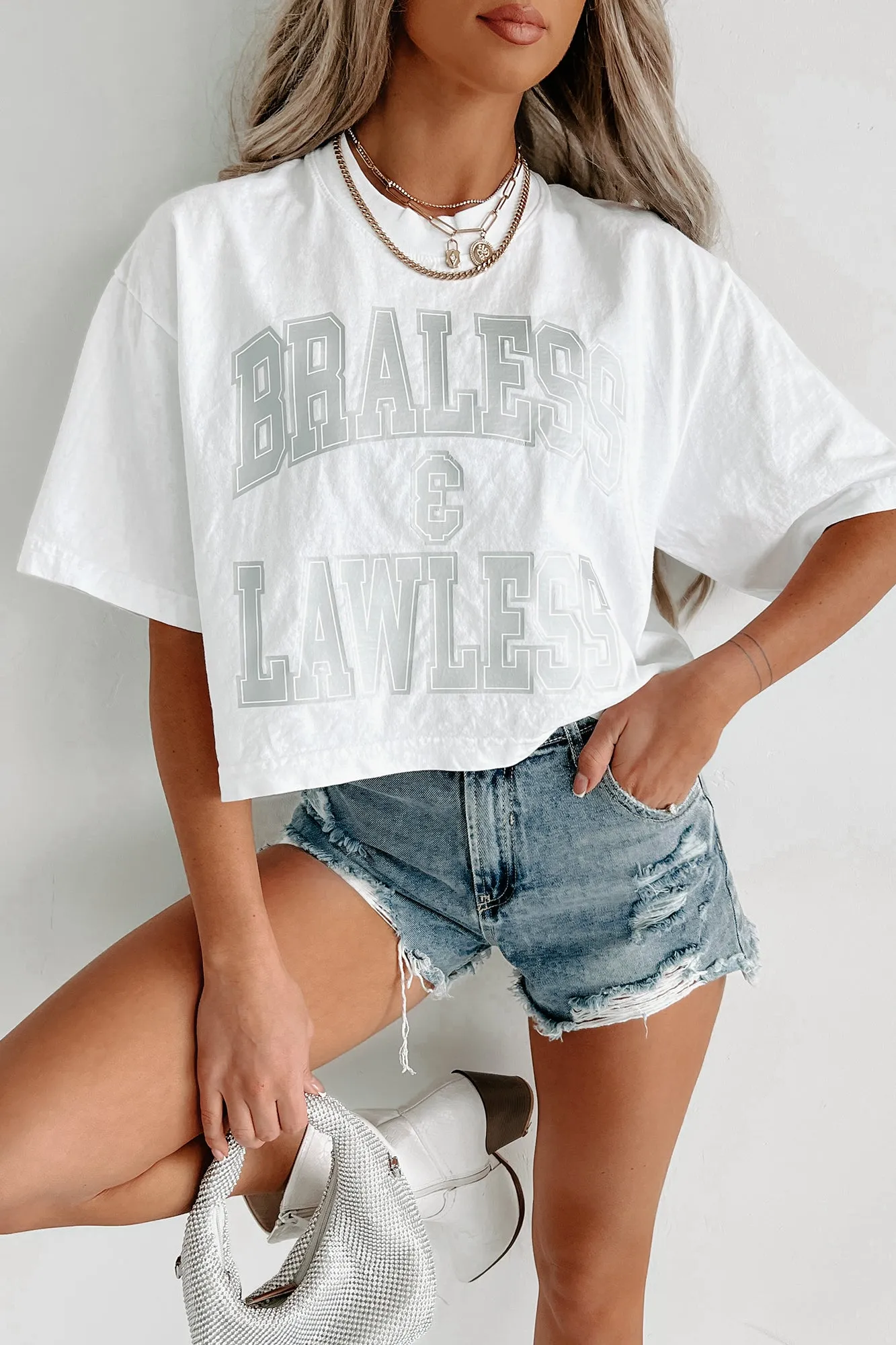 "Braless & Lawless" Oversized Crop Tee With Metallic Graphic (White) - Print On Demand