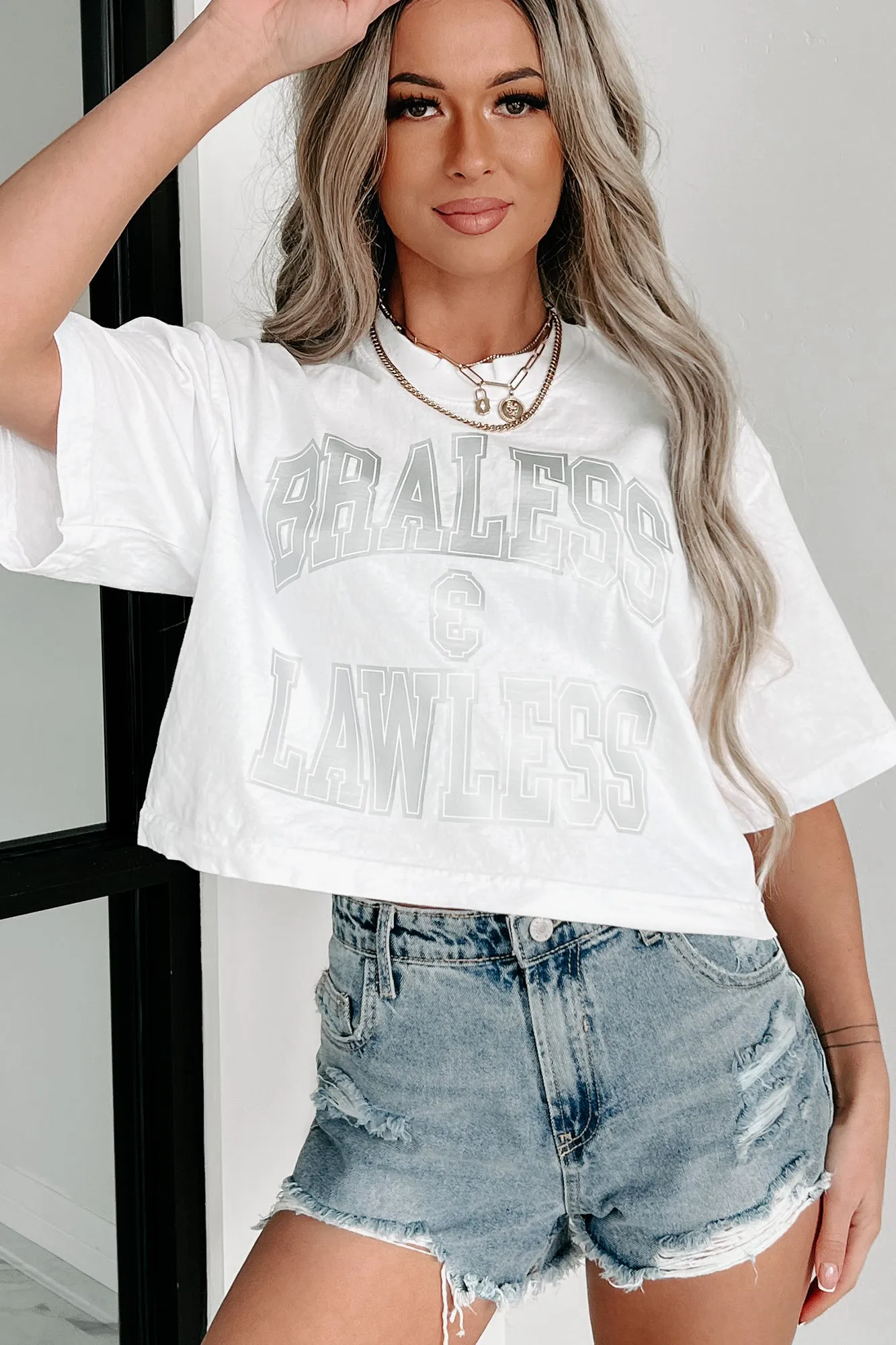 "Braless & Lawless" Oversized Crop Tee With Metallic Graphic (White) - Print On Demand