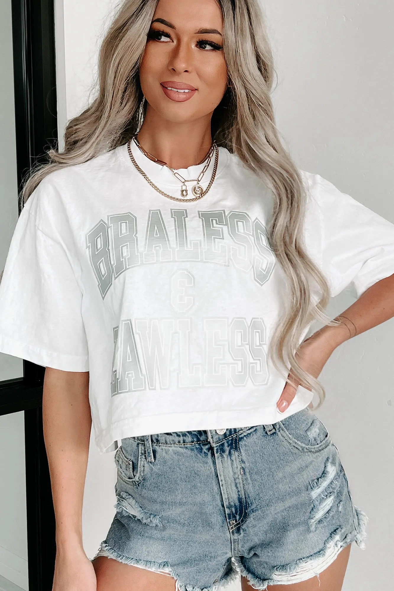 "Braless & Lawless" Oversized Crop Tee With Metallic Graphic (White) - Print On Demand