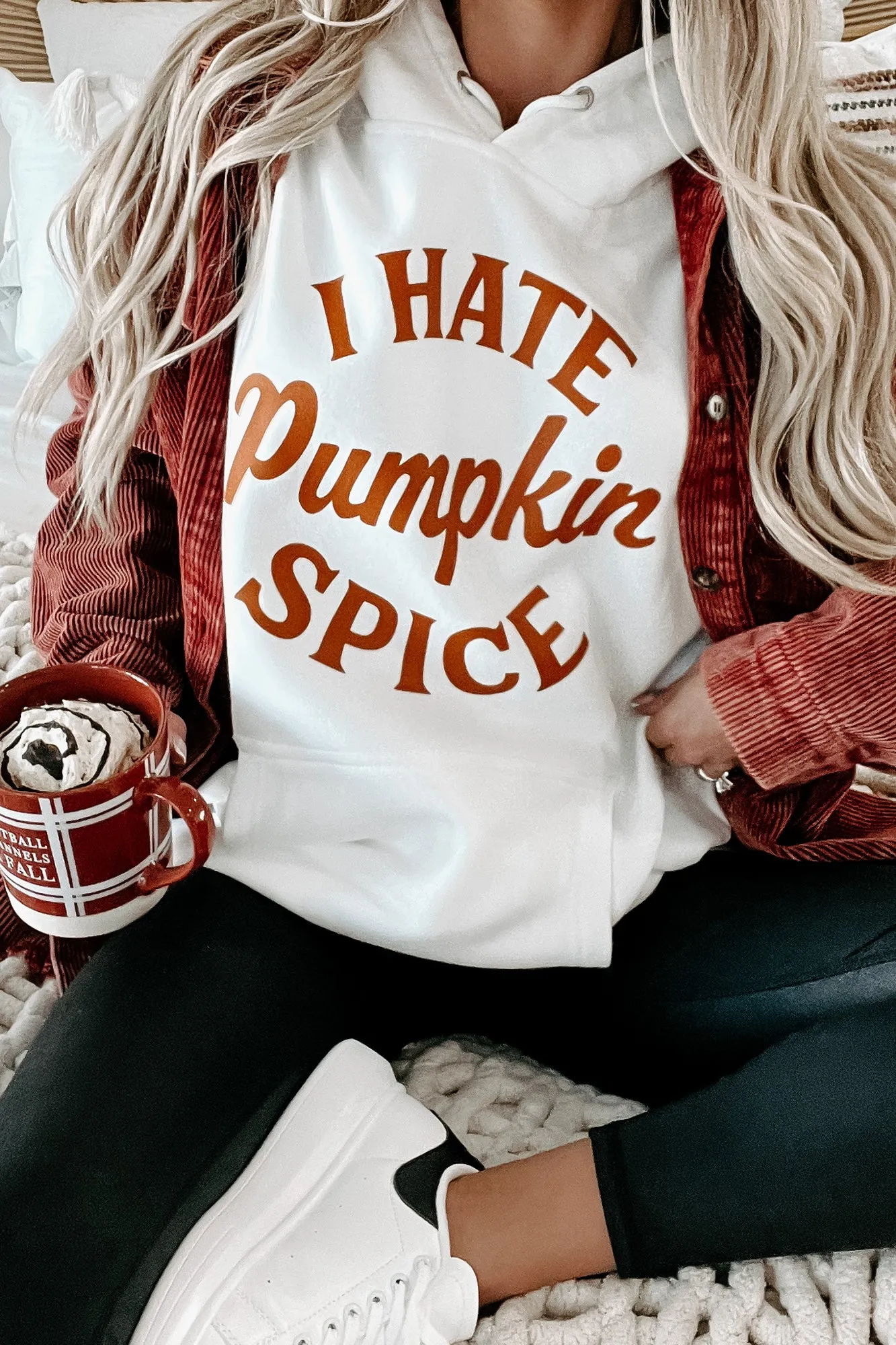 "I Hate Pumpkin Spice" Graphic Hoodie (White) - Print On Demand