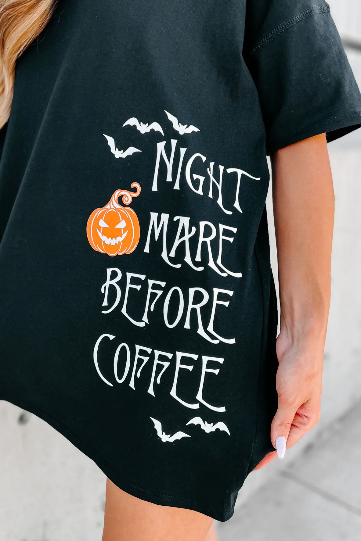 "Nightmare Before Coffee" Oversized Graphic T-Shirt Dress (Black) - Print On Demand