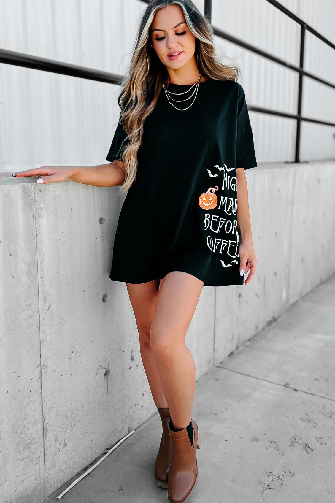 "Nightmare Before Coffee" Oversized Graphic T-Shirt Dress (Black) - Print On Demand