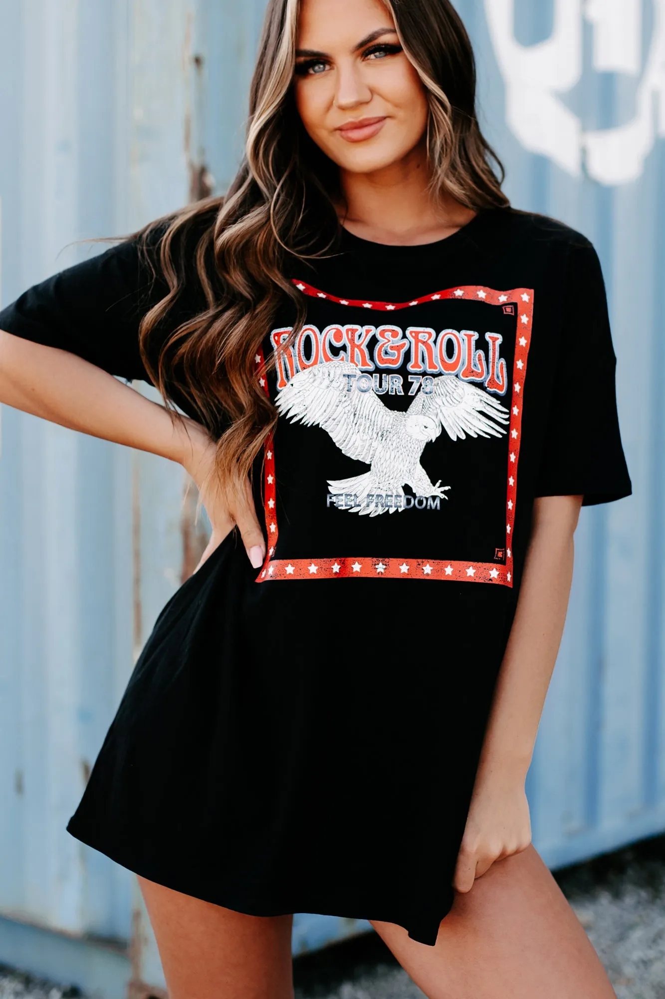 "Rock & Roll Tour" Oversized Graphic T-Shirt Dress (Black) - Print On Demand