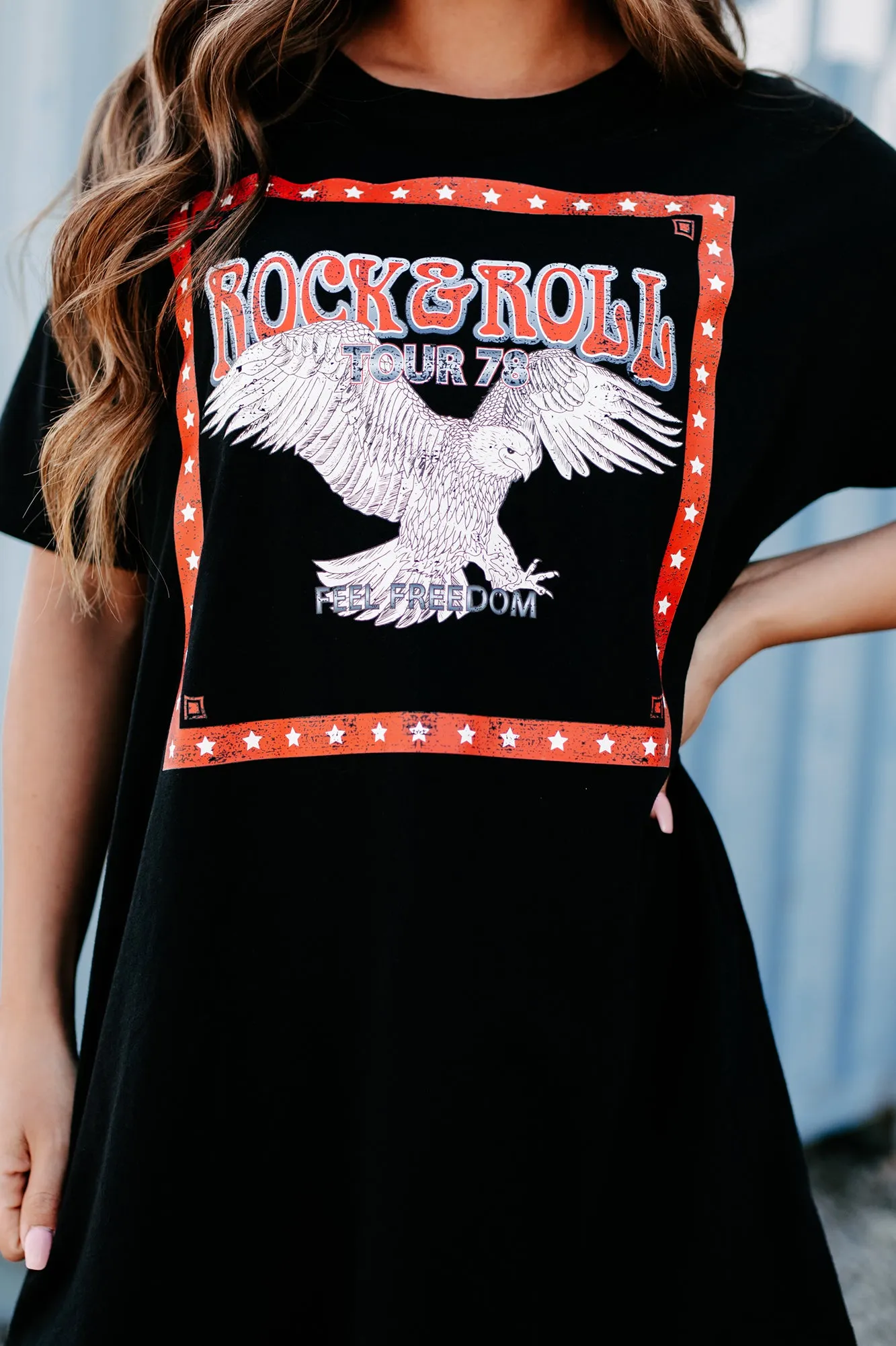 "Rock & Roll Tour" Oversized Graphic T-Shirt Dress (Black) - Print On Demand