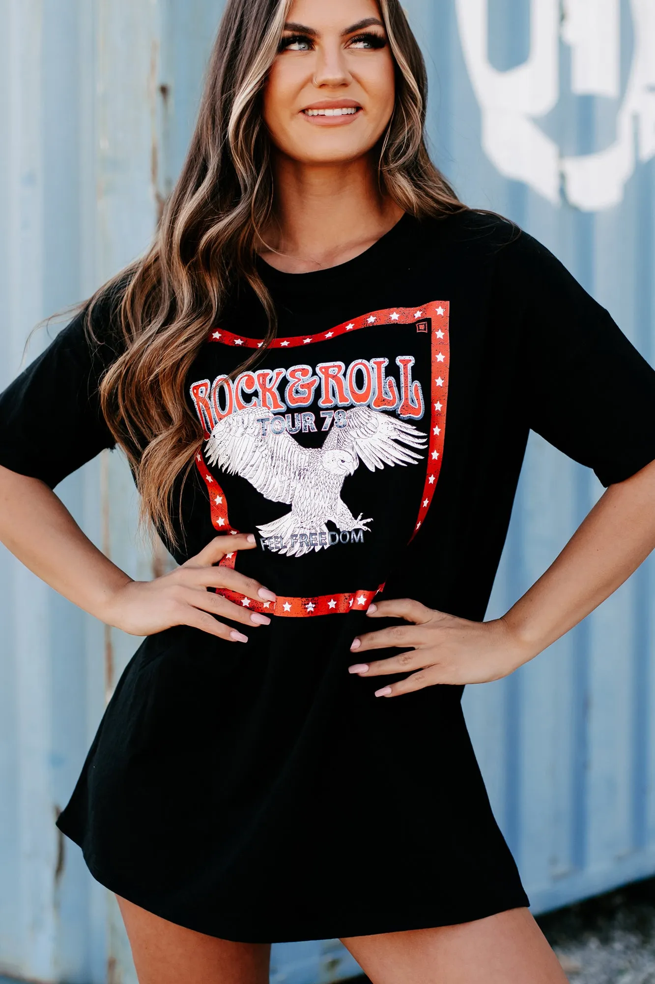 "Rock & Roll Tour" Oversized Graphic T-Shirt Dress (Black) - Print On Demand