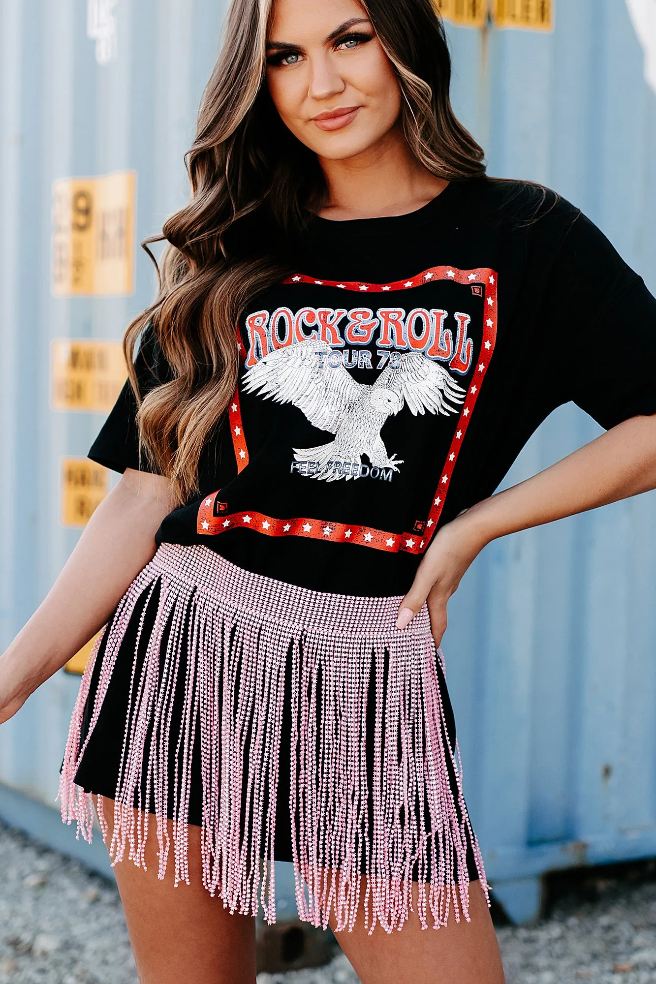 "Rock & Roll Tour" Oversized Graphic T-Shirt Dress (Black) - Print On Demand