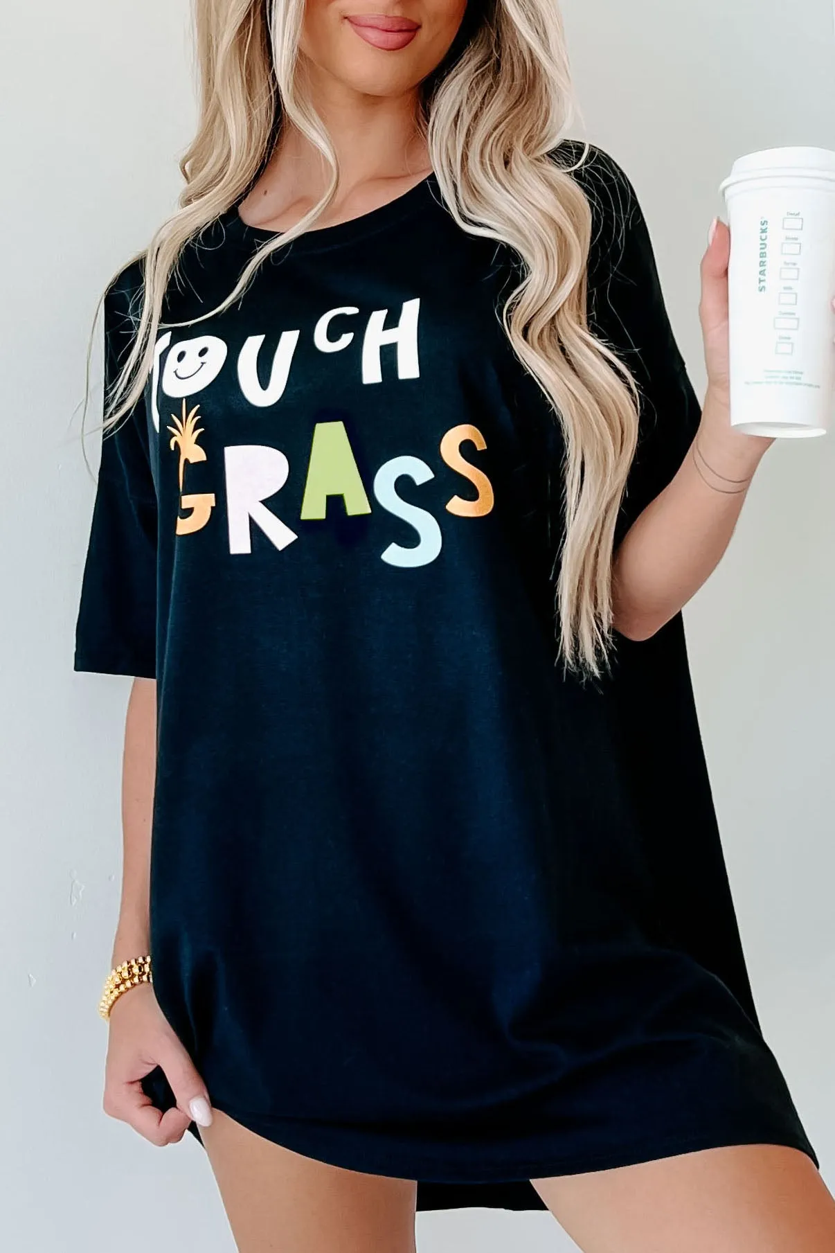 "Touch Grass" Oversized Graphic T-Shirt Dress (Black) - Print On Demand