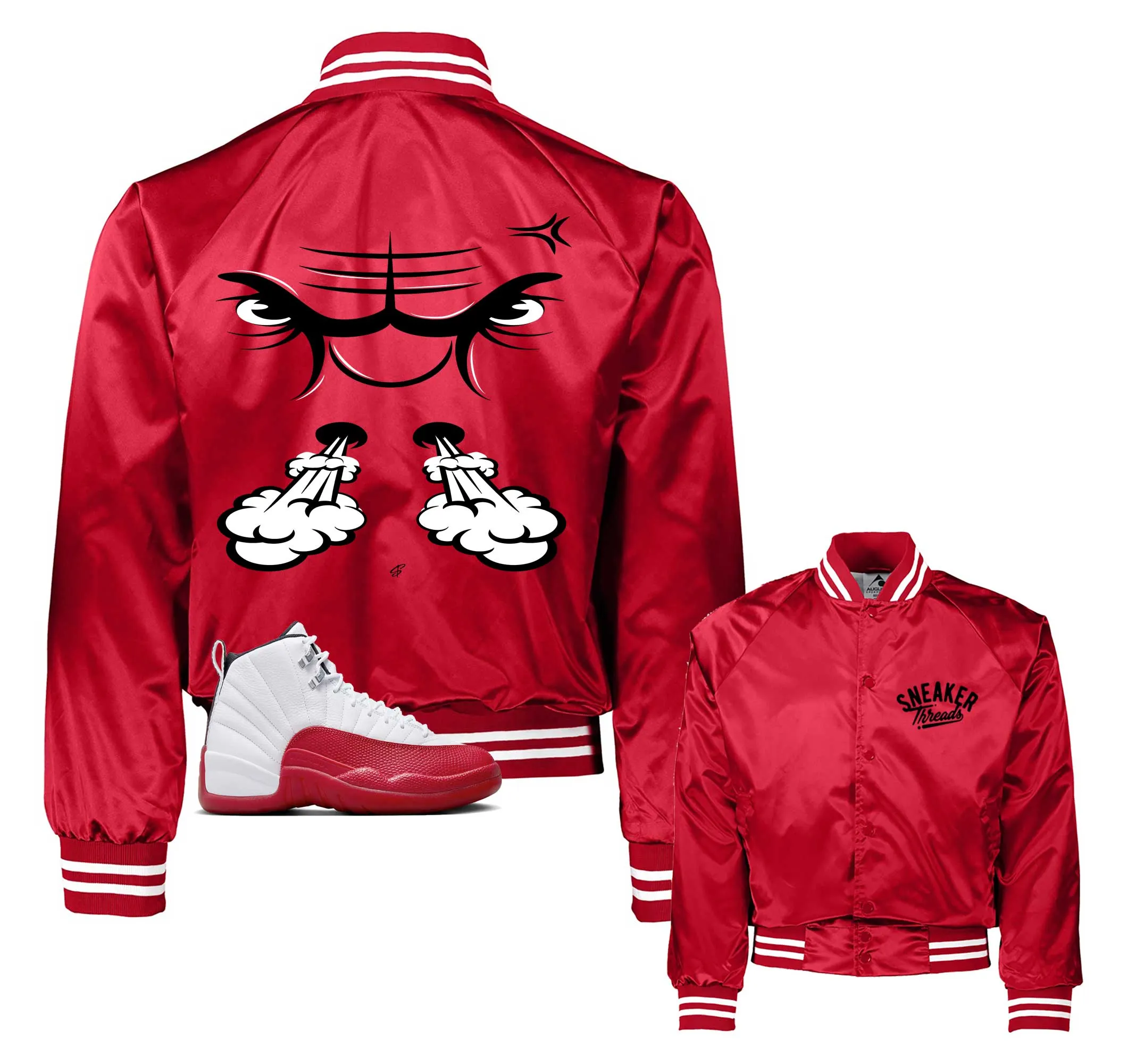 Retro 12 Cherry Satin Varsity Jacket - Raging Face - Red