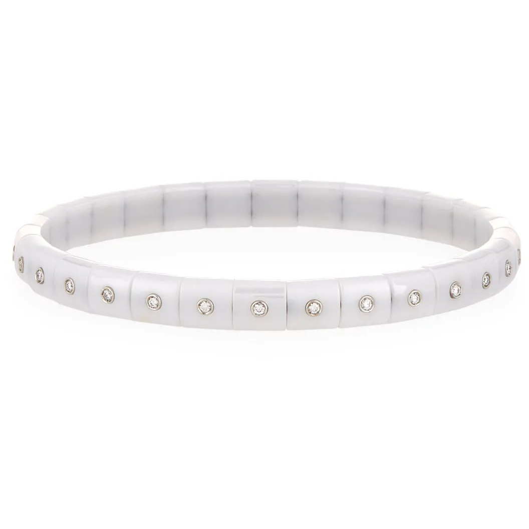 Roberto Demeglio Pura Glossy White Ceramic Elastic Bracelet Eternity Style Diamonds