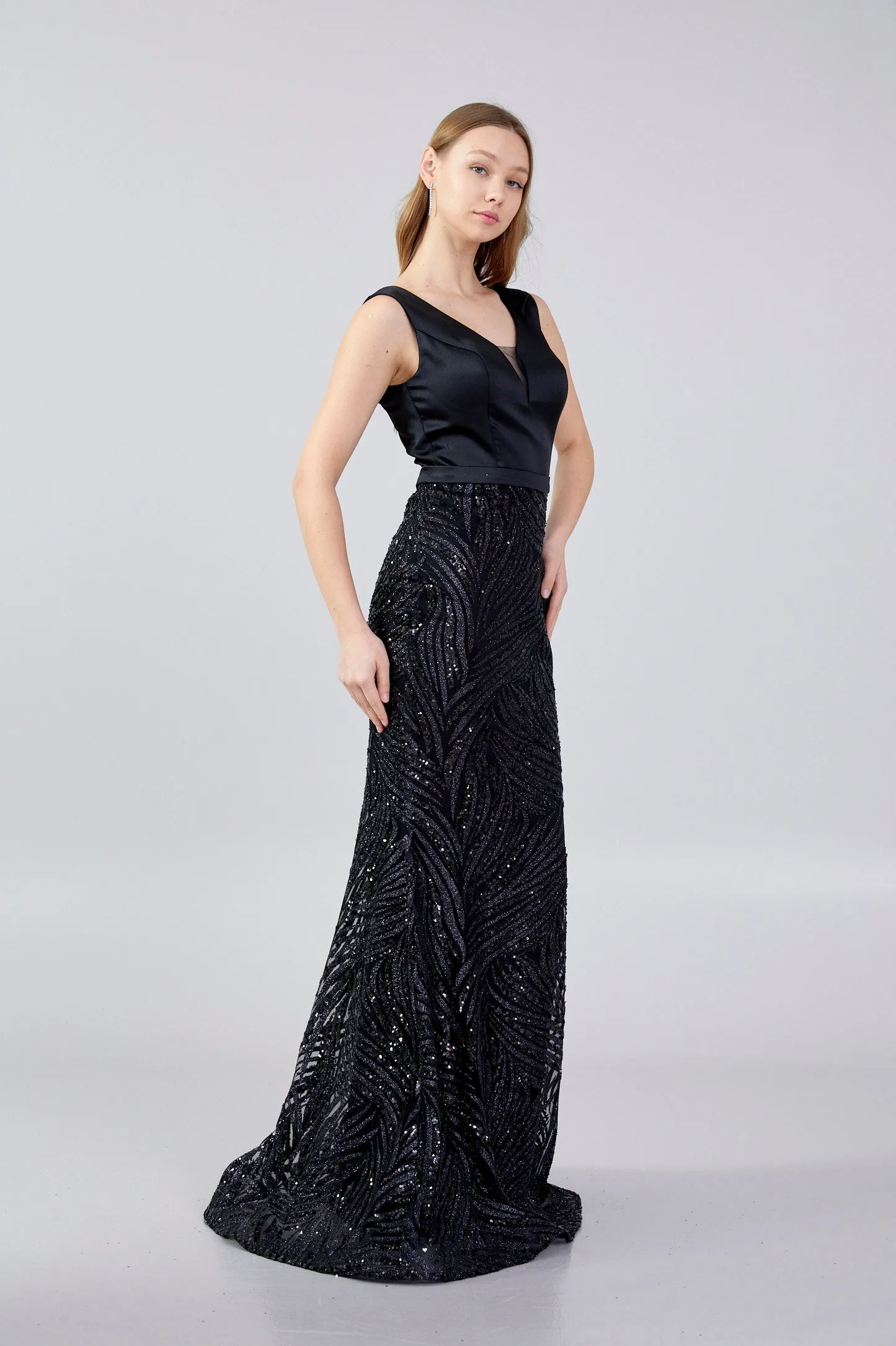 Sleeveless Maxi Sequin Mermaid Regular Black Evening Dress Vıe1320syh Black