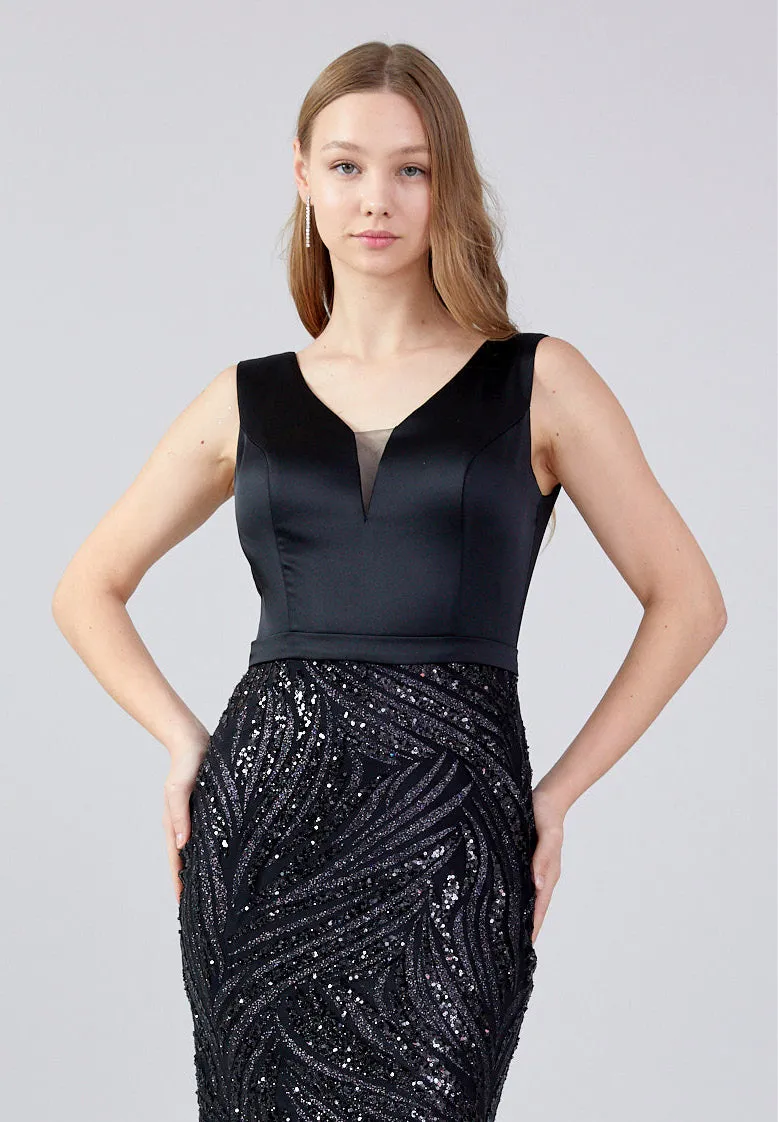 Sleeveless Maxi Sequin Mermaid Regular Black Evening Dress Vıe1320syh Black