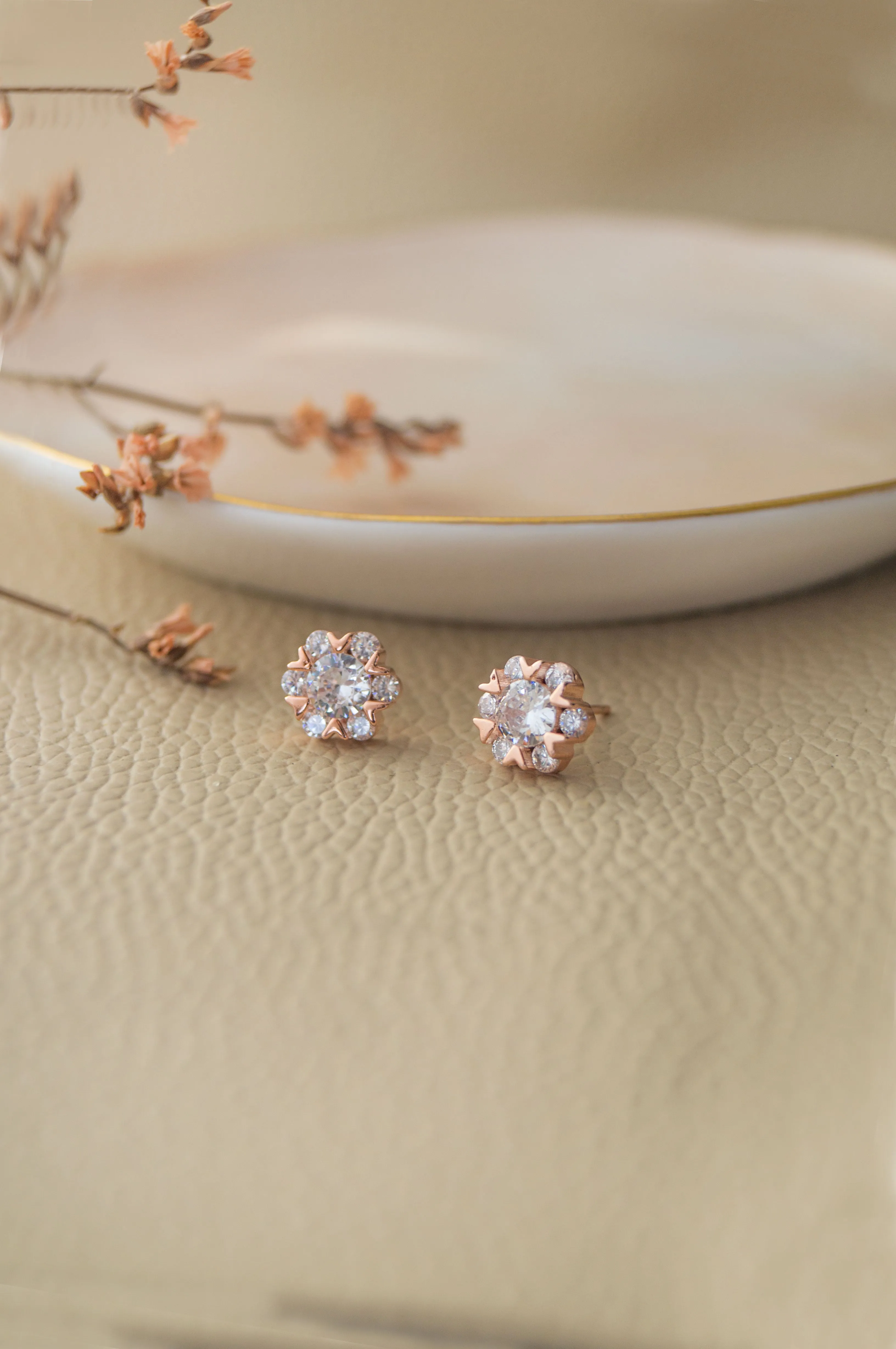 Solitaire Cluster Rose Gold Plated Sterling Silver Stud Earrings