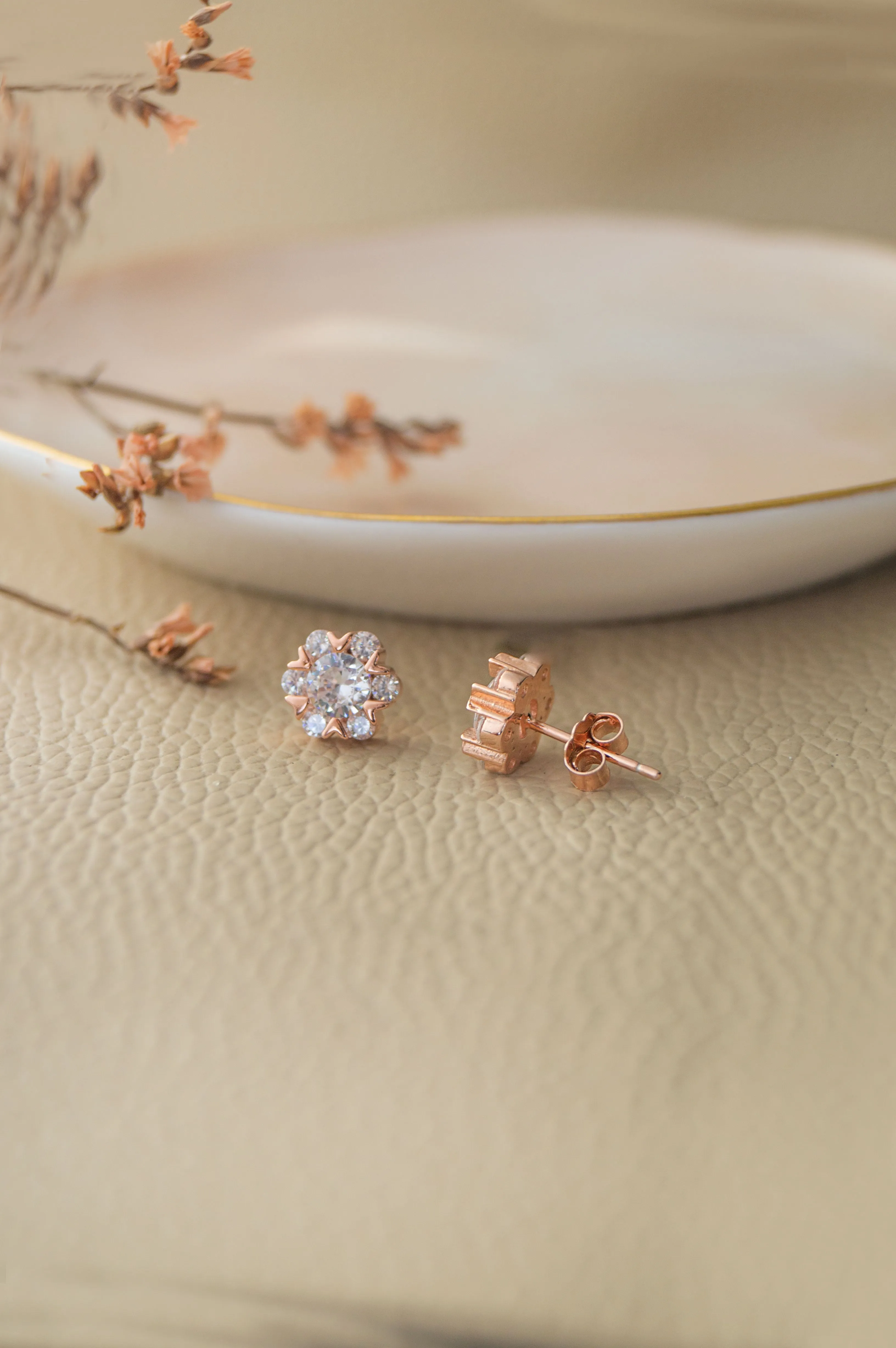 Solitaire Cluster Rose Gold Plated Sterling Silver Stud Earrings