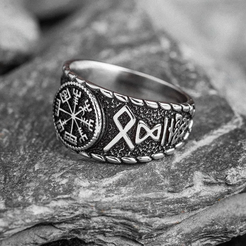 Stainless Steel Vegvisir and Runes Ring