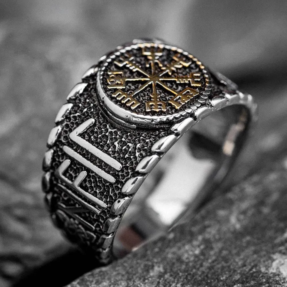 Stainless Steel Vegvisir and Runes Ring