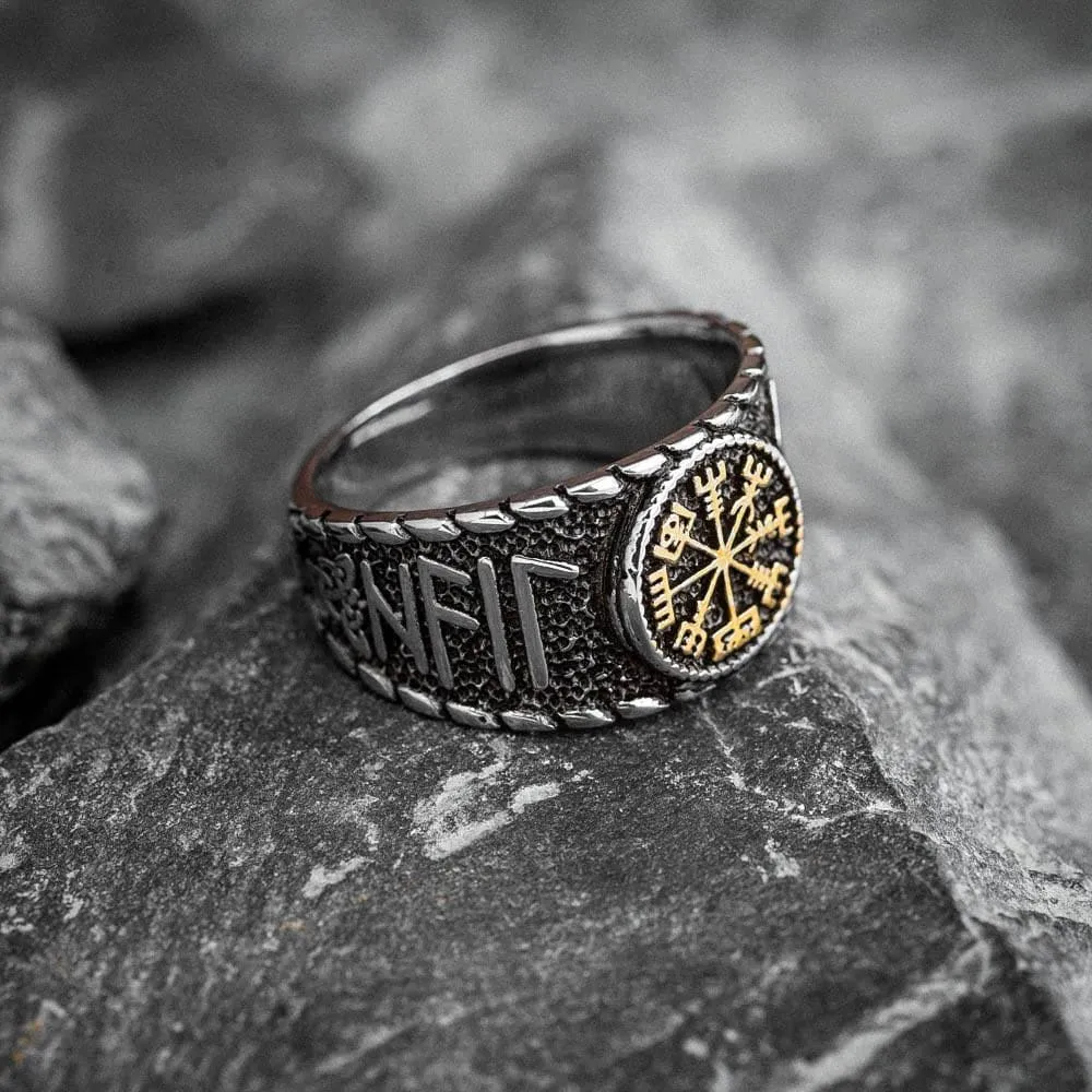 Stainless Steel Vegvisir and Runes Ring