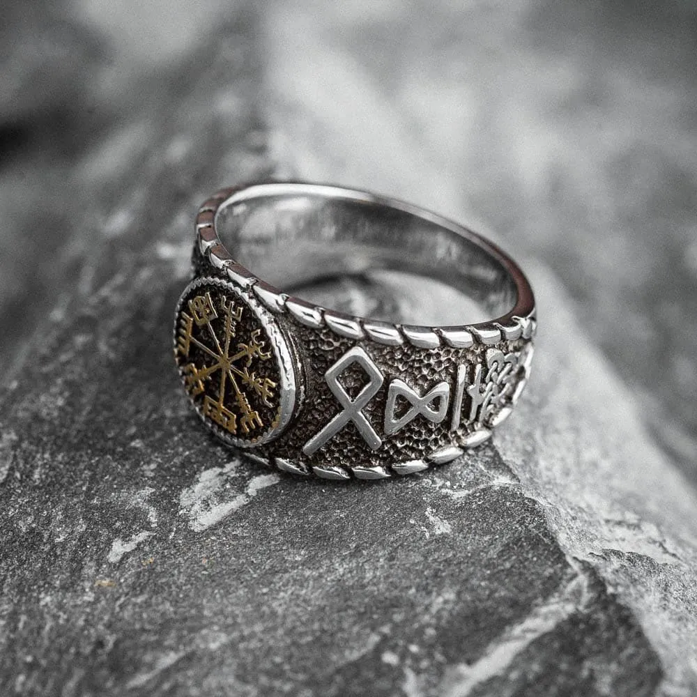 Stainless Steel Vegvisir and Runes Ring