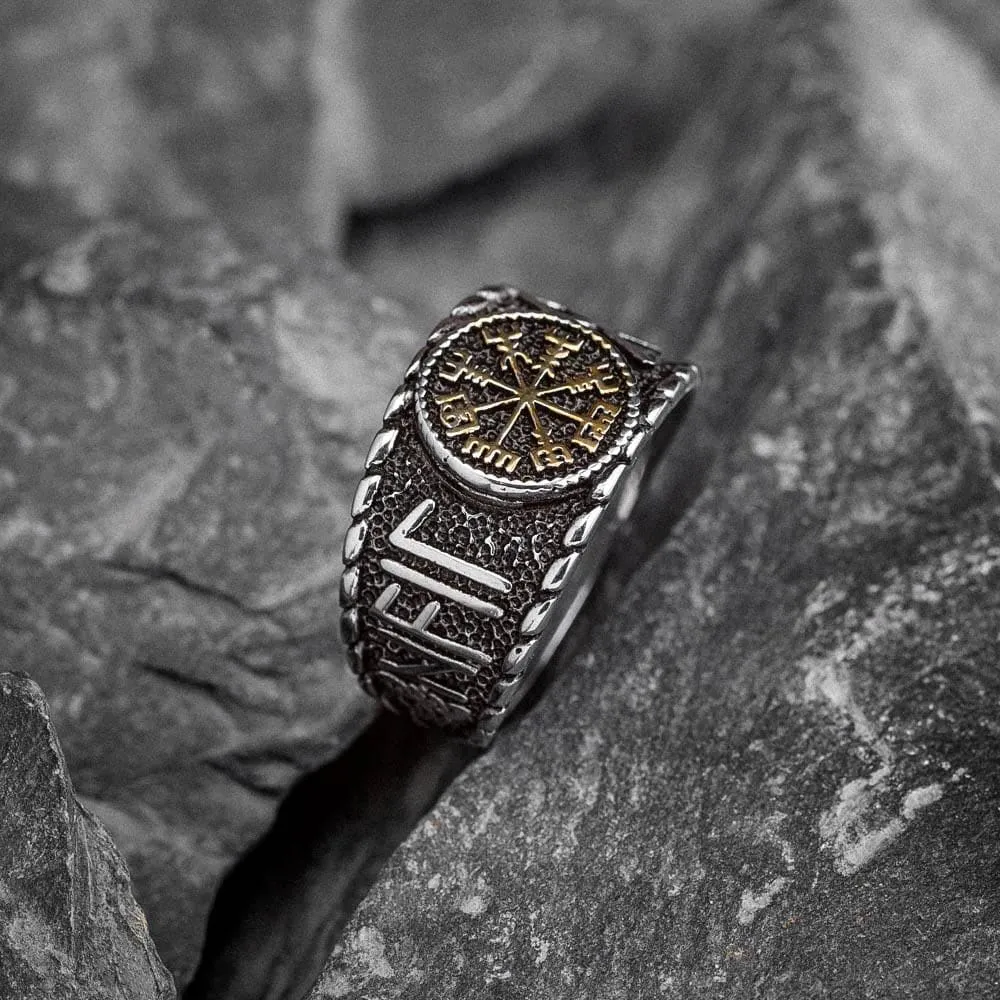 Stainless Steel Vegvisir and Runes Ring